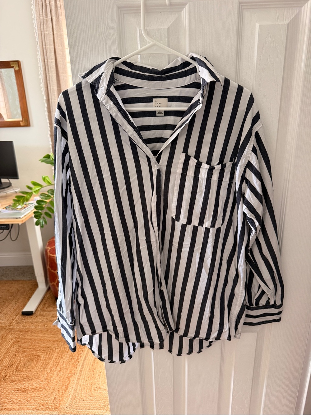 a new day Black and White Vertical Stripe Button-Up Shirt